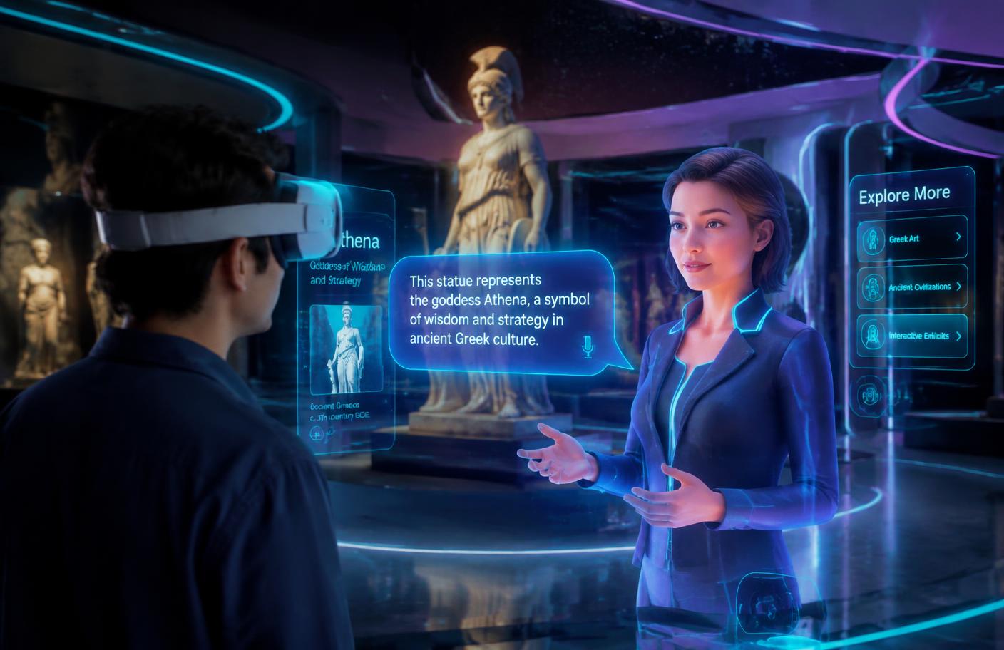 Visitor in VR talking to an AI avatar guide in a virtual museum