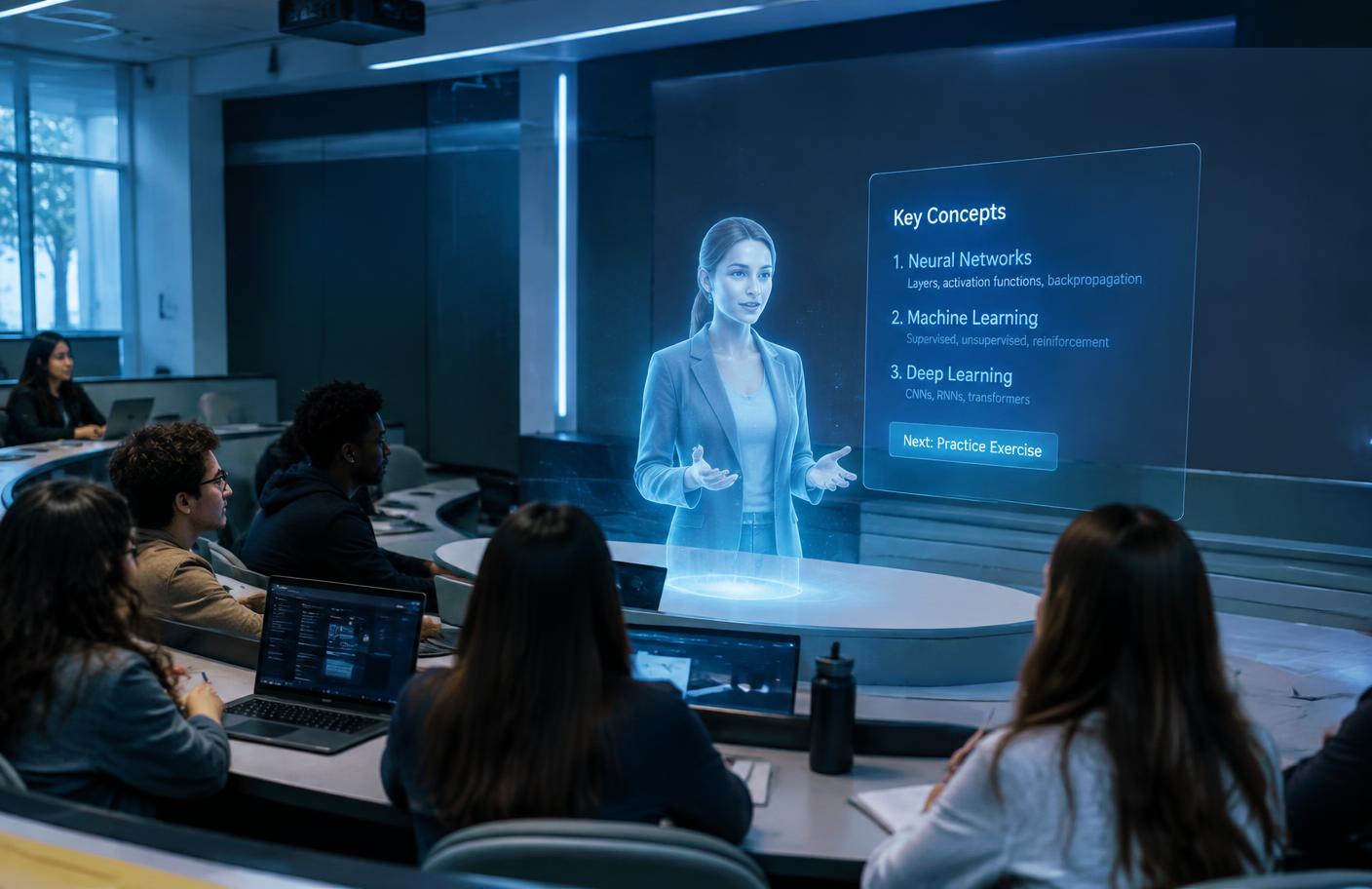 Students learning from a holographic AI tutor avatar