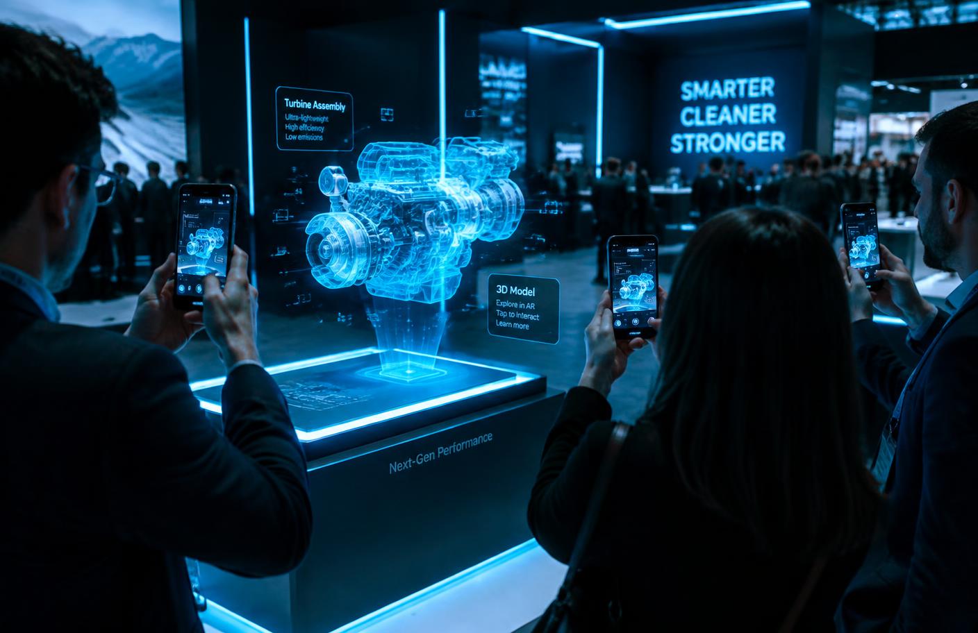 Visitors viewing a 3D AR engine model with their phones