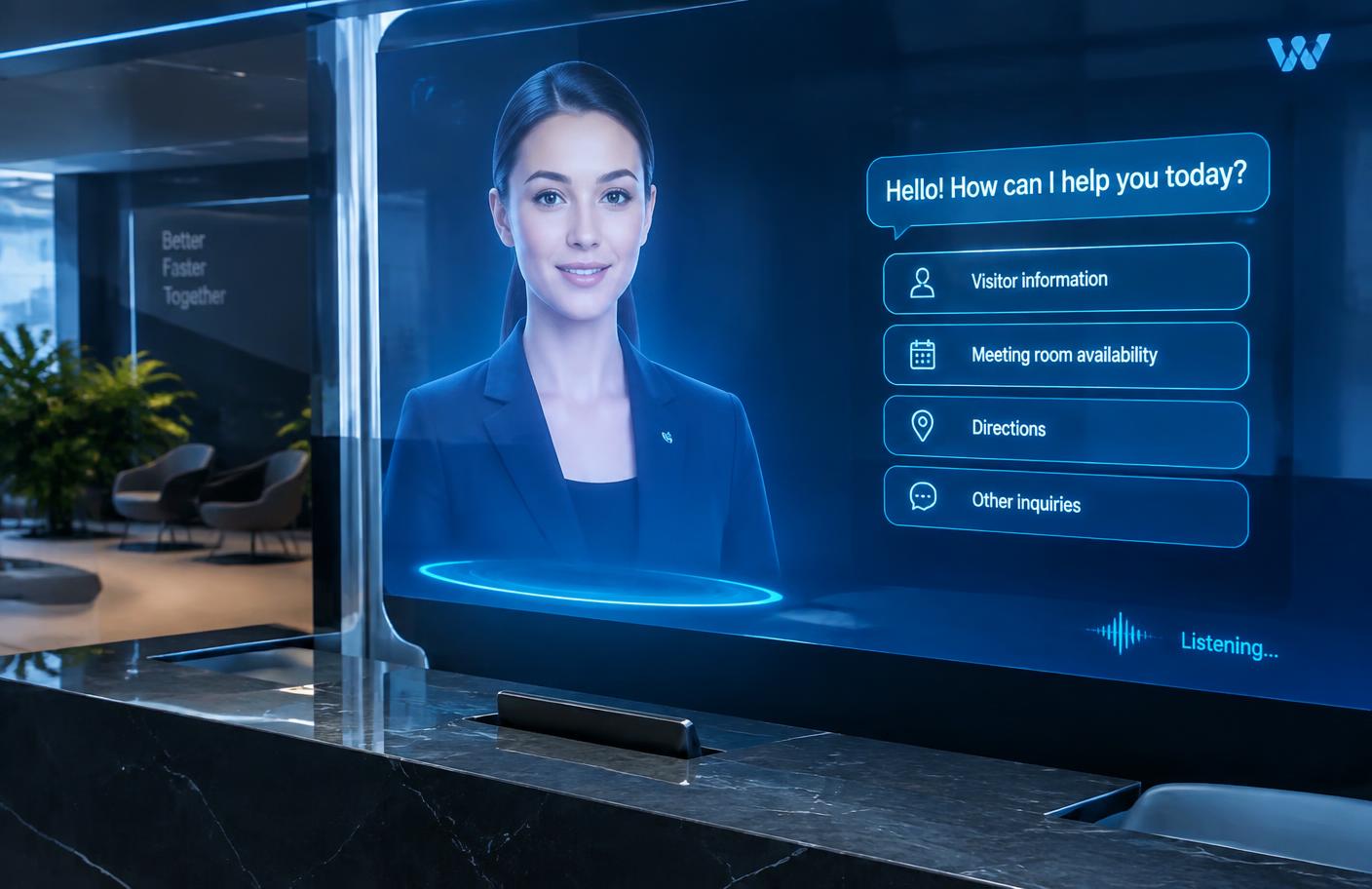 AI virtual assistant avatar on a reception screen