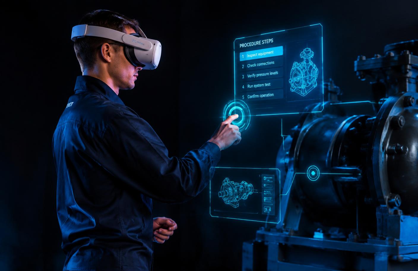 Trainee in a VR headset following holographic procedure steps