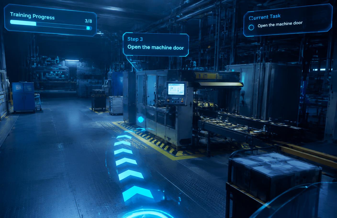 Virtual factory floor with glowing guidance markers